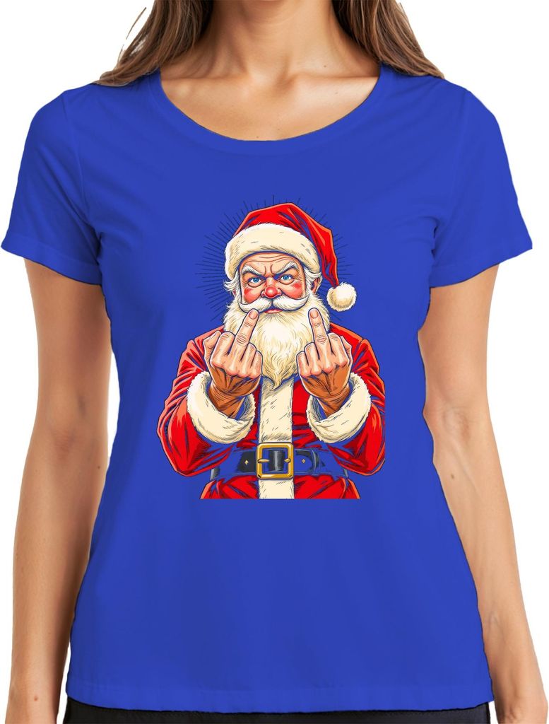 Frecher Weihnachtsmann Mittelfinger Sarkastisch Lustig Geschenk Damen T-Shirt, Blau, L