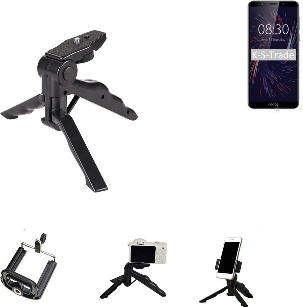 K-S-Trade Stativ Tisch-Ständer Dreibein Handy-Stativ Ständer kompatibel mit TP-LINK Neffos C9 Mini-Stativ Smartphone Tripod Handy-Stativ aus Plastik