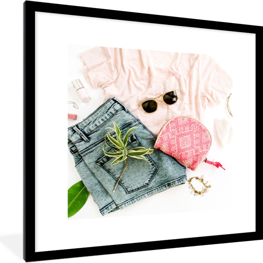 MuchoWow Gerahmtes Poster Tropical - Rosa - Hemd 40x40 cm - Poster mit Schwarzem Bilderrahmen Wandposter Rahmen Foto Bilder - Poster - Plakat im ...