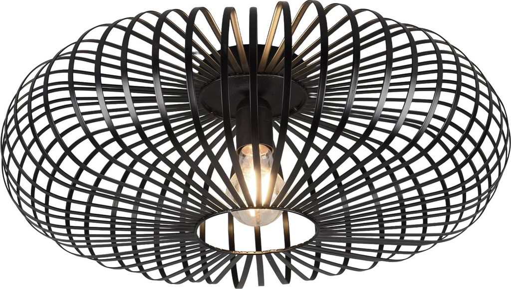 A black, cage-like ceiling light fixture with a visible light bulb.