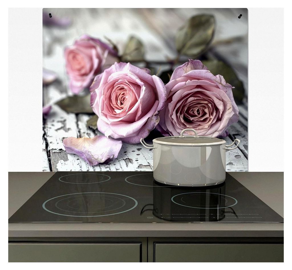 Spritzschutz für die Küche - Küchenrückwand aus Vinyl 60x52 cm - Herdabdeckung Induktionsmatte mit Rosen - Vintage - Rosa - Holz