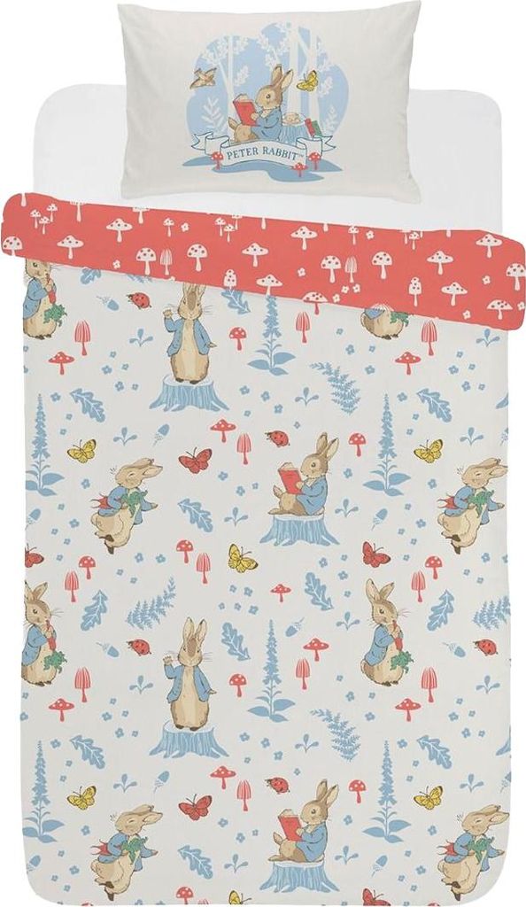 A Peter Rabbit themed duvet cover and pillowcase set.