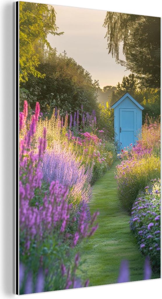 MuchoWow Wanddekoration Metall Metallbild Wandkunst 100x150 cm Gartenhaus - Blau - Blumen MuchoWow Aluminium Gemälde - Bild