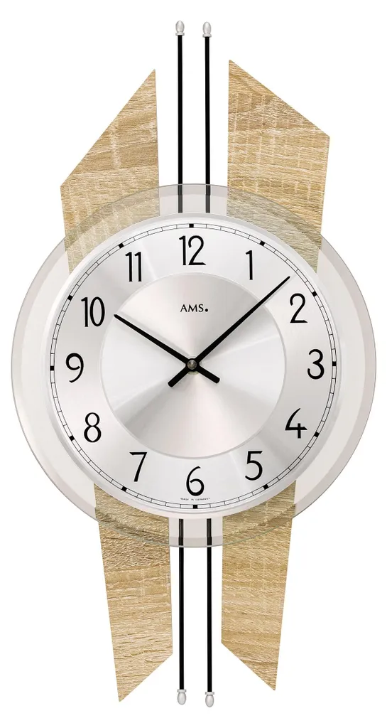 Horloge murale grise moderne AMS 9571 ronde avec cadran en verre plat