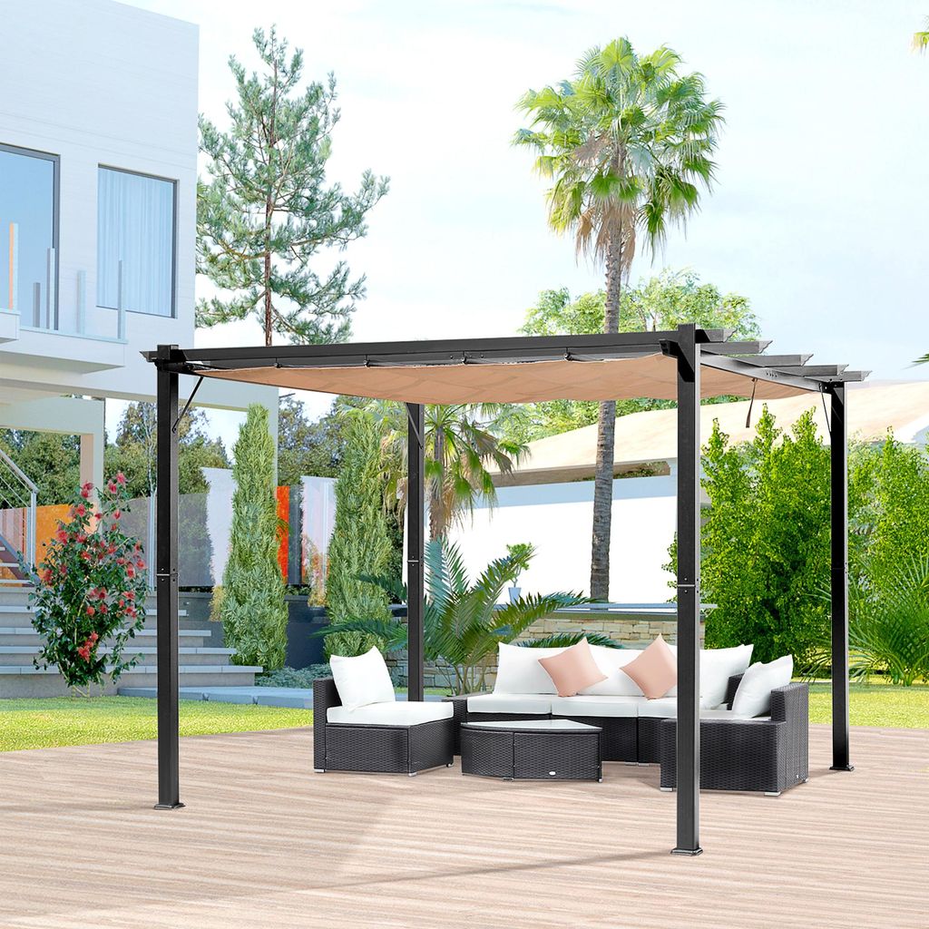 Pergola Pavillon mit einstellbarem Stoffdach 3 x 4 m Terrassen-Vordach Aluminium Sonnenschutz Überdachung Terrasse Garten Grau+Braun, Aluminium