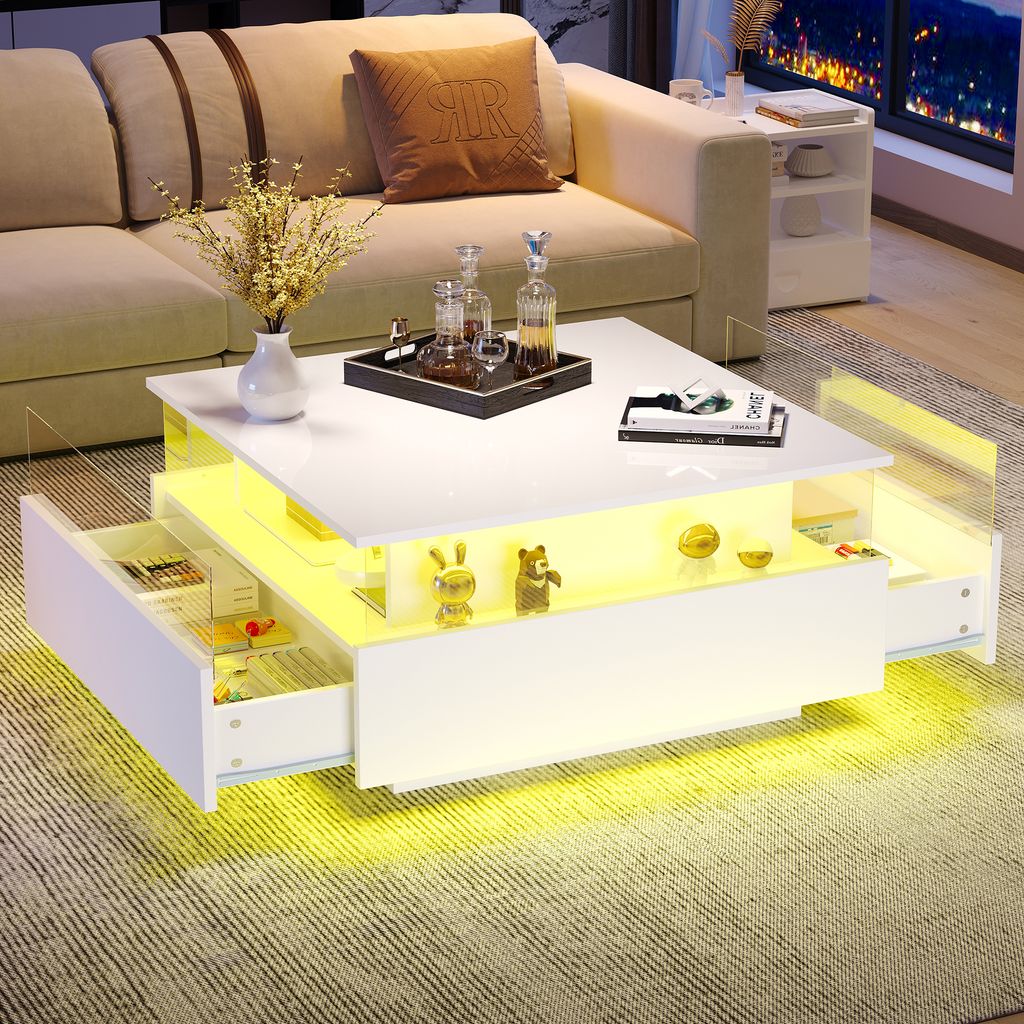 Abrihome Hochglanz Couchtisch Quadratisch mit 2 Schubladen und LED-Beleuchtung, Weiß