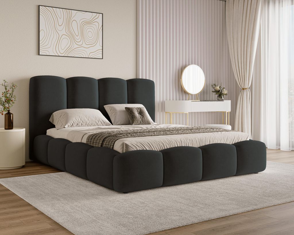 BESILIO Exklusive Polsterbett 200x200 Puffy - Designerbett mit Bettkasten und Lattenrost - Schwarz