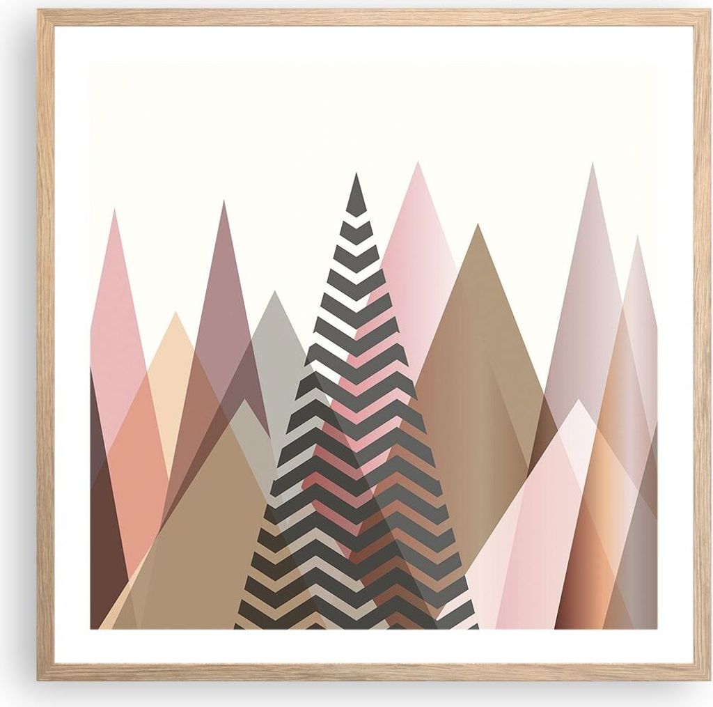 Gerahmtes Poster - Rahmen in heller Eiche - Berge Dreiecke Abstraktion - 60x60 cm - Wand Bild - Wanddeko - Wandbilder - Kunstposter - Wandposter - ...
