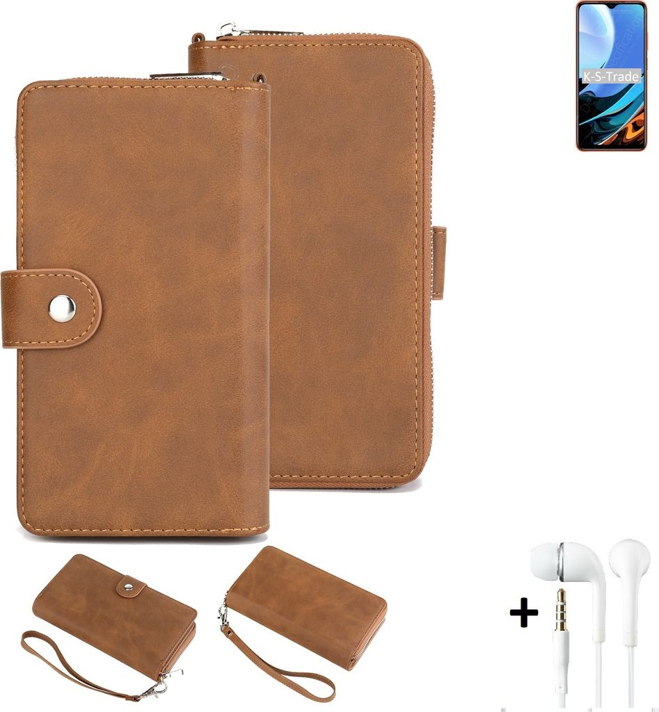 K-S-Trade Handy Schutz Hülle kompatibel mit Xiaomi Redmi 9T + Kopfhörer Portemonnee Tasche Wallet-Case Bookstyle-Etui braun (1x)