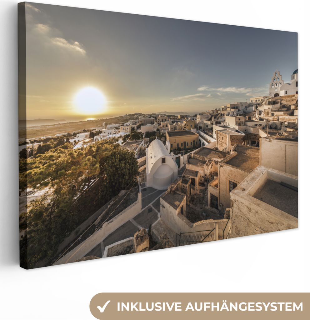 OneMillionCanvasses - Leinwandbilder - 150x100 cm, Sonnenuntergang über Pyrgos Santorini, Wandbilder Kunstdruck Wanddekoration
