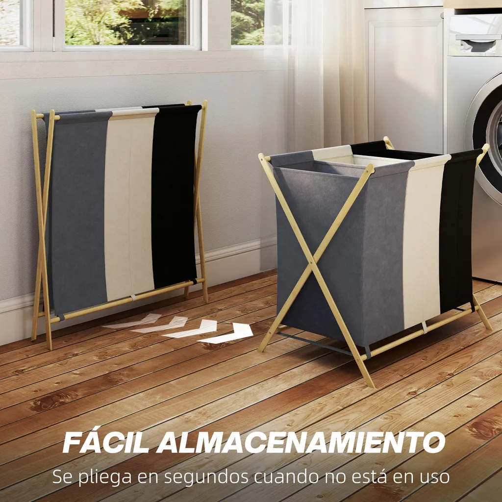 Panier à linge pliable 3 compartiments avec structure en bambou Multi - 5