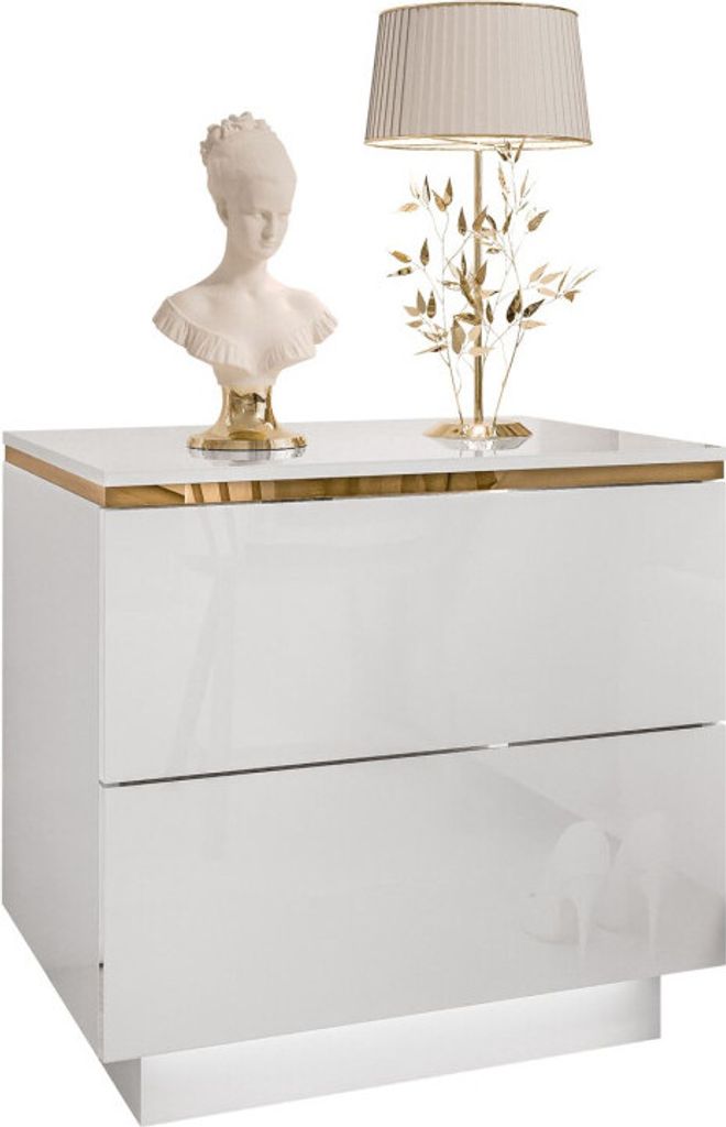 A white high-gloss nightstand with gold trim, a bust, and a lamp on top, set against a white background.