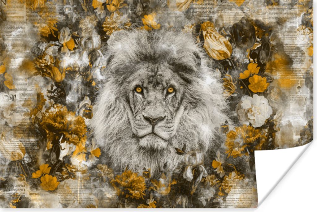 MuchoWow Poster Löwe - Blumen - Zeitung 90x60 cm - Schlafzimmer