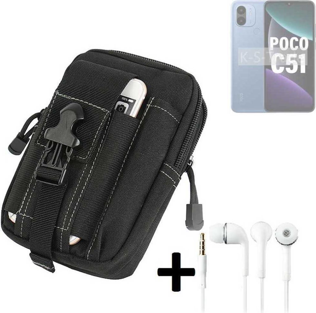 K-S-Trade Gürteltache + Kopfhörer kompatibel mit POCO C51 Gürtel Tasche Holster Schutz Hülle Handy Hülle schwarz inkl. Extrafächer