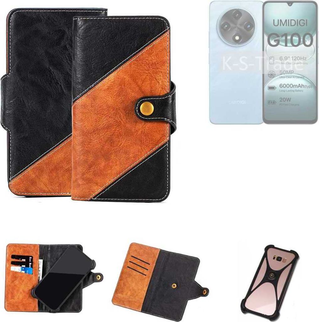 K-S-Trade Handyhülle Schutzhülle Bookstyle Case Wallet-Case kompatibel mit UMIDIGI G100 Handy Cover Bumper Klapphülle schwarz hellbraun 1x
