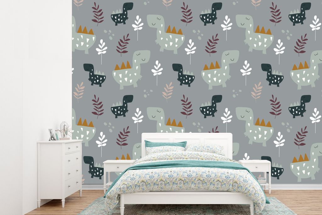 MuchoWow Fototapete für Wohnzimmer oder Schlafzimmer Wandtapete Vinyl Motivtapete Muster - Jungen - Kinder - Dinosaurier - 330x240 cm - Vinyltapete