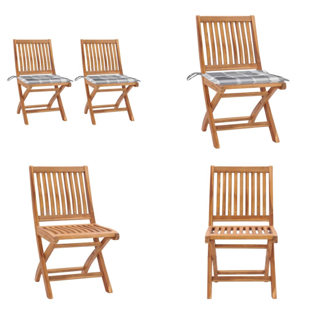 vidaXL Gartenstühle 2 Stk. Graue Karomuster Kissen Massivholz Teak - Gartenstuhl - Gartenstühle - Holz-Gartenstuhl - Holz-Gartenstühle