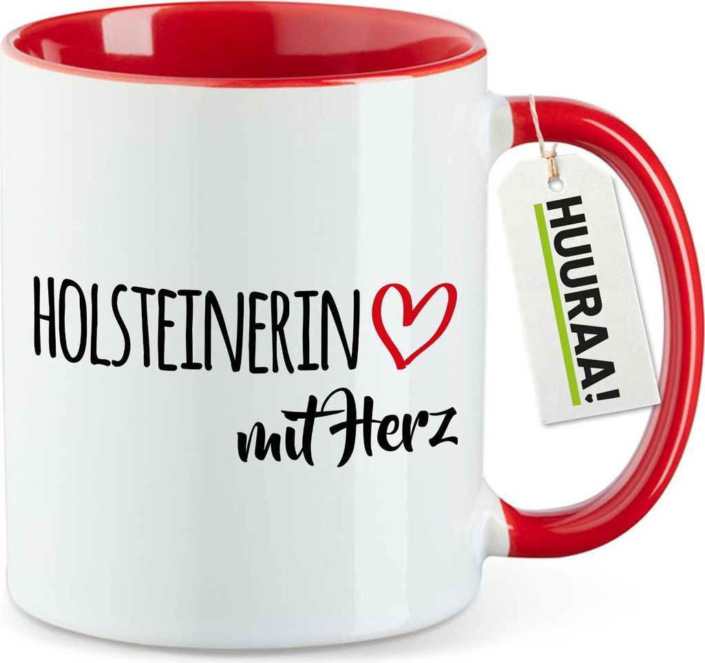 Huuraa Kaffeetasse Holsteinerin mit Herz 330ml Rot Keramik Kaffeebecher Geschenkidee