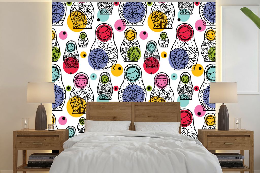 MuchoWow Fototapete für Wohnzimmer oder Schlafzimmer Wandtapete Vinyl Motivtapete Matroschka - Schnittmuster - Baby - 280x280 cm - Hintergrundbild