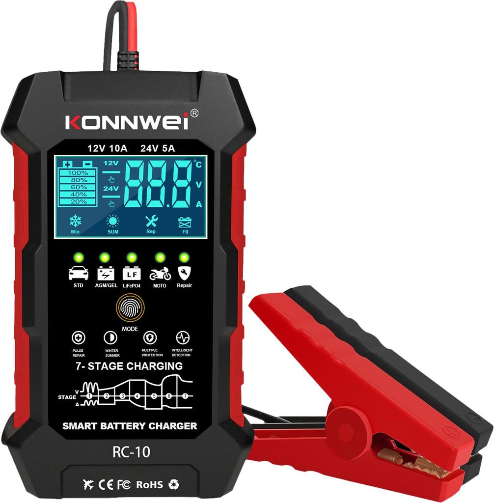 Konnwei RC-10 Automatische acculader 12 - 24 V, 5 A / 10 A Productafbeelding 