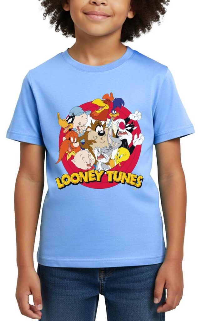 Spreadshirt Looney Tunes Bugs Bunny Logo Gruppenbild Kinder T-Shirt, 110/116 (5-6 Jahre), Himmelblau