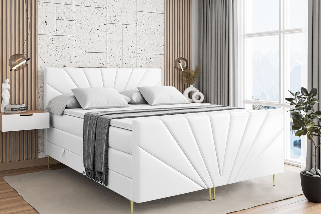 ALTDECOR Boxspringbett mit Gold Füßen, Matratze und Lattenrost, Topper, Fußteil, Polsterbett mit Bettkasten, Bett mit Stauraum H3- und H4- Matra...
