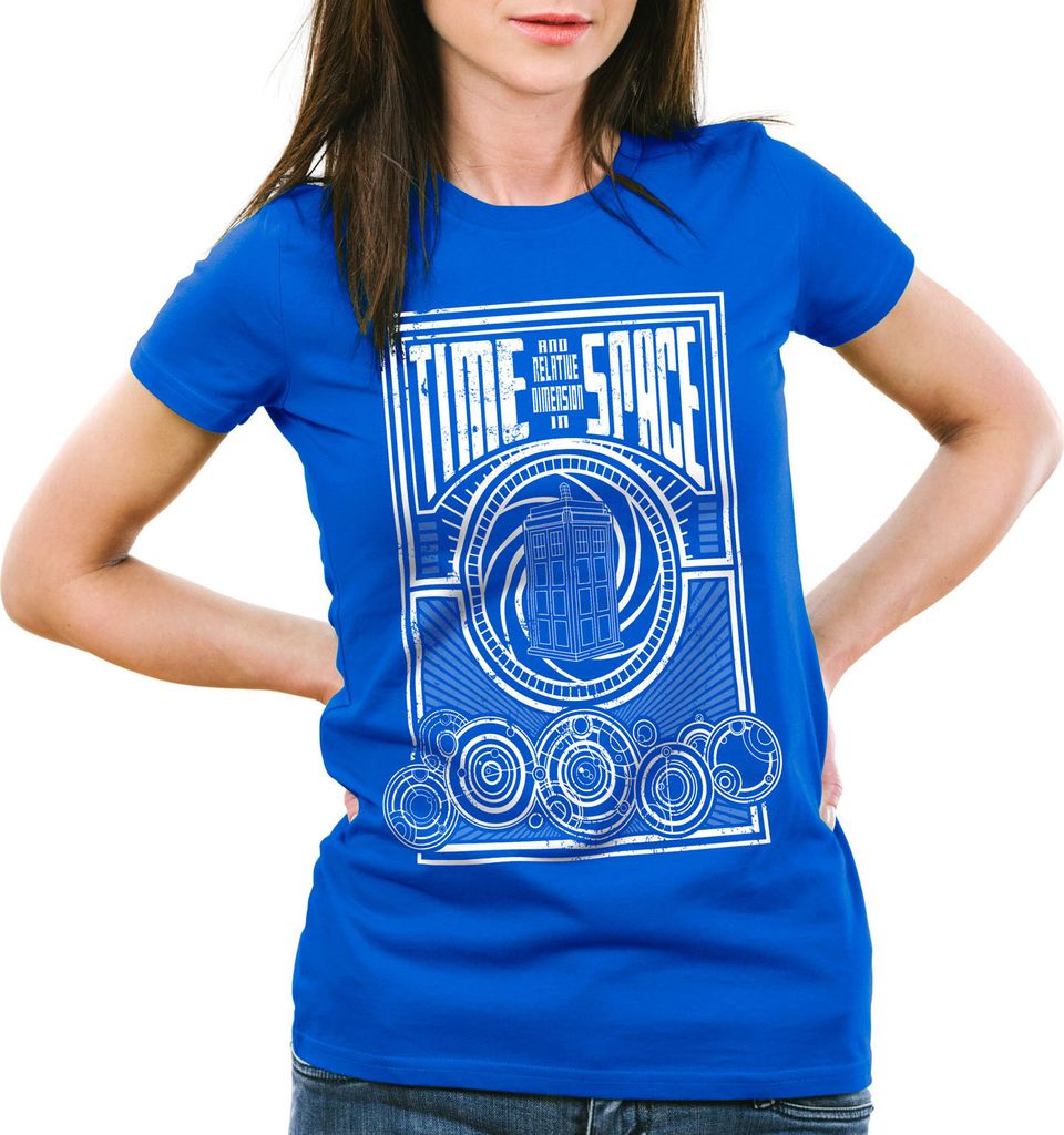 style3 Time meets Space Damen T-Shirt zeitreise timelord notrufzelle, Farbe:Blau, Größe:XS