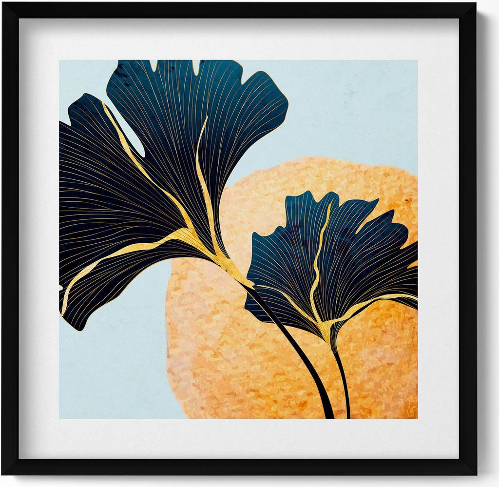 Illustration von Ginkgoblättern mit goldener Sonne– Wandbild mit Rahmen – Gerahmtes Bild – Wanddekoration – 50x50 cm – Schwarz Rahmen