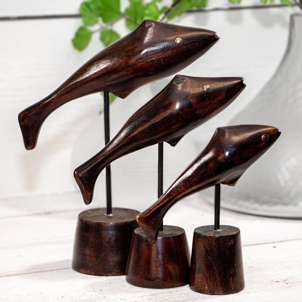 Holzfigurset, 3er, Fisch, Klein, Braun, Tiere, Tierfiguren, Dekoration