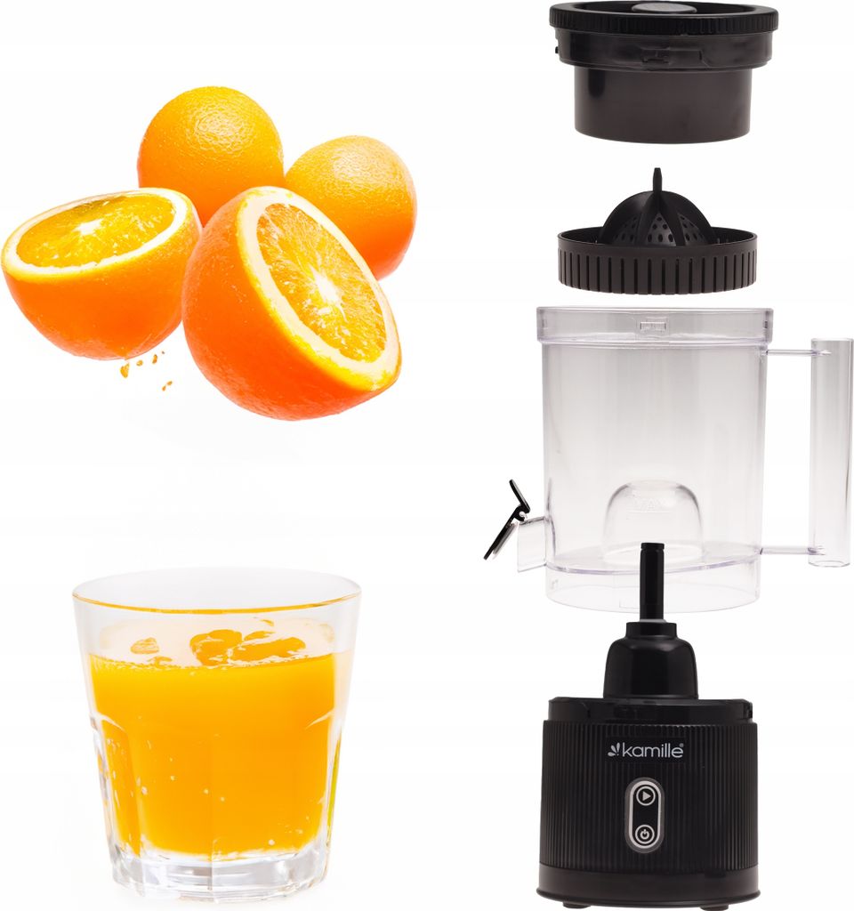 A collage showing oranges, a glass of orange juice, and the disassembled parts of an electric citrus juicer.