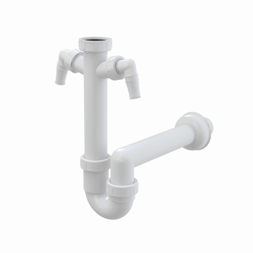 A white plastic sink drain assembly with two appliance connections, shown against a white background.