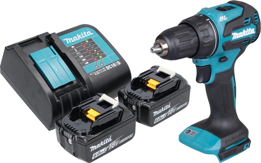 Makita DDF 490 SG Akku Bohrschrauber 18 V 65 Nm 1/2" Brushless + 2x Akku 6,0 Ah + Ladegerät