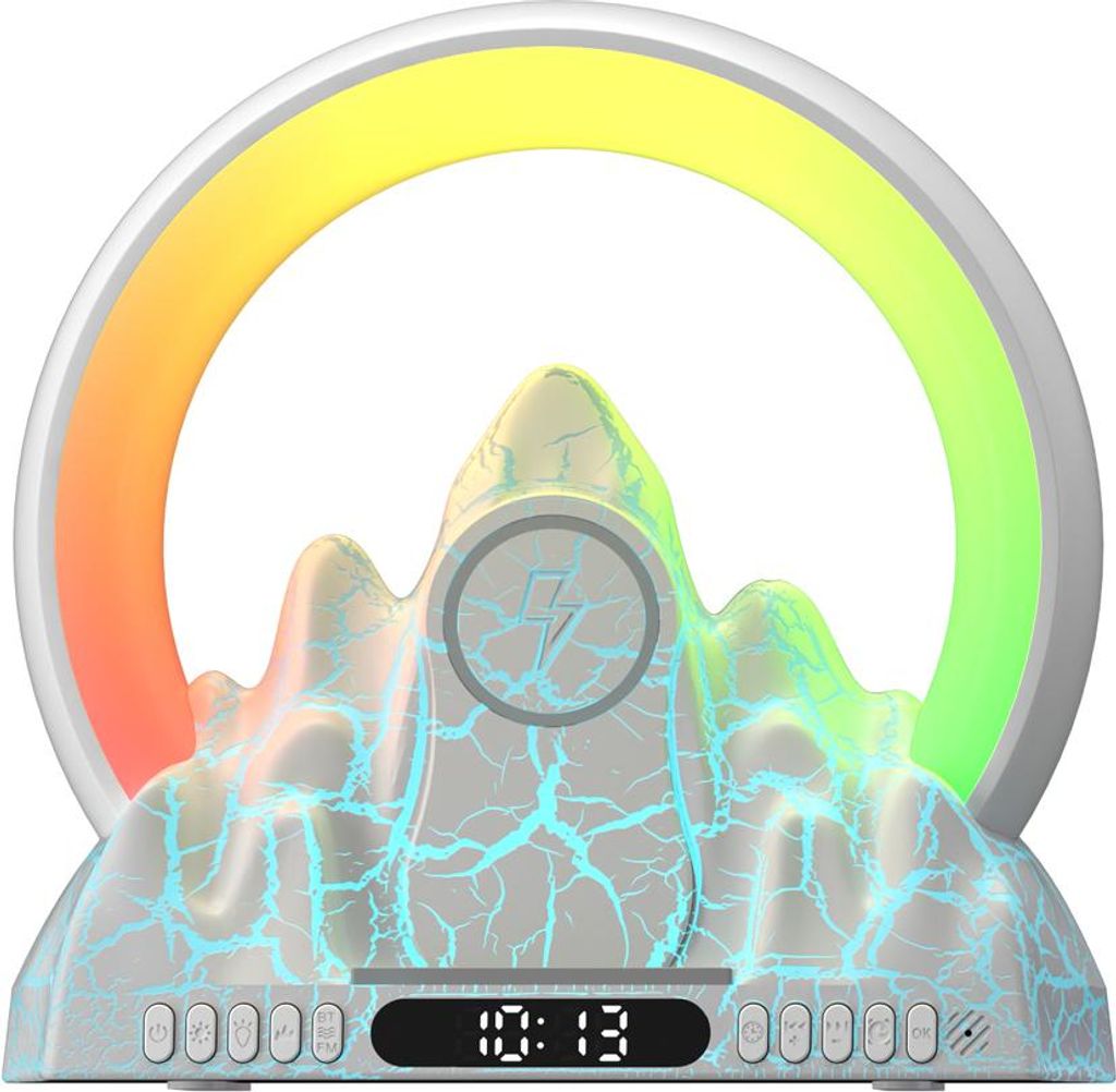 LED-Tischlampe, Sonnenaufgang, buntes Umgebungslicht mit integriertem BT-Lautsprecher, Wecker, kabellose Ladefunktion, unterstützt Tuya-App-Steuer...