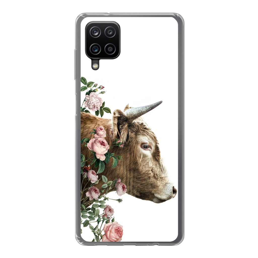 MuchoWow Handyhülle Schutzhülle Hülle für Samsung Galaxy A12 Schottischer Highlander - Kuh - Blumen Silikon Softcase Handy Hülle - Bild