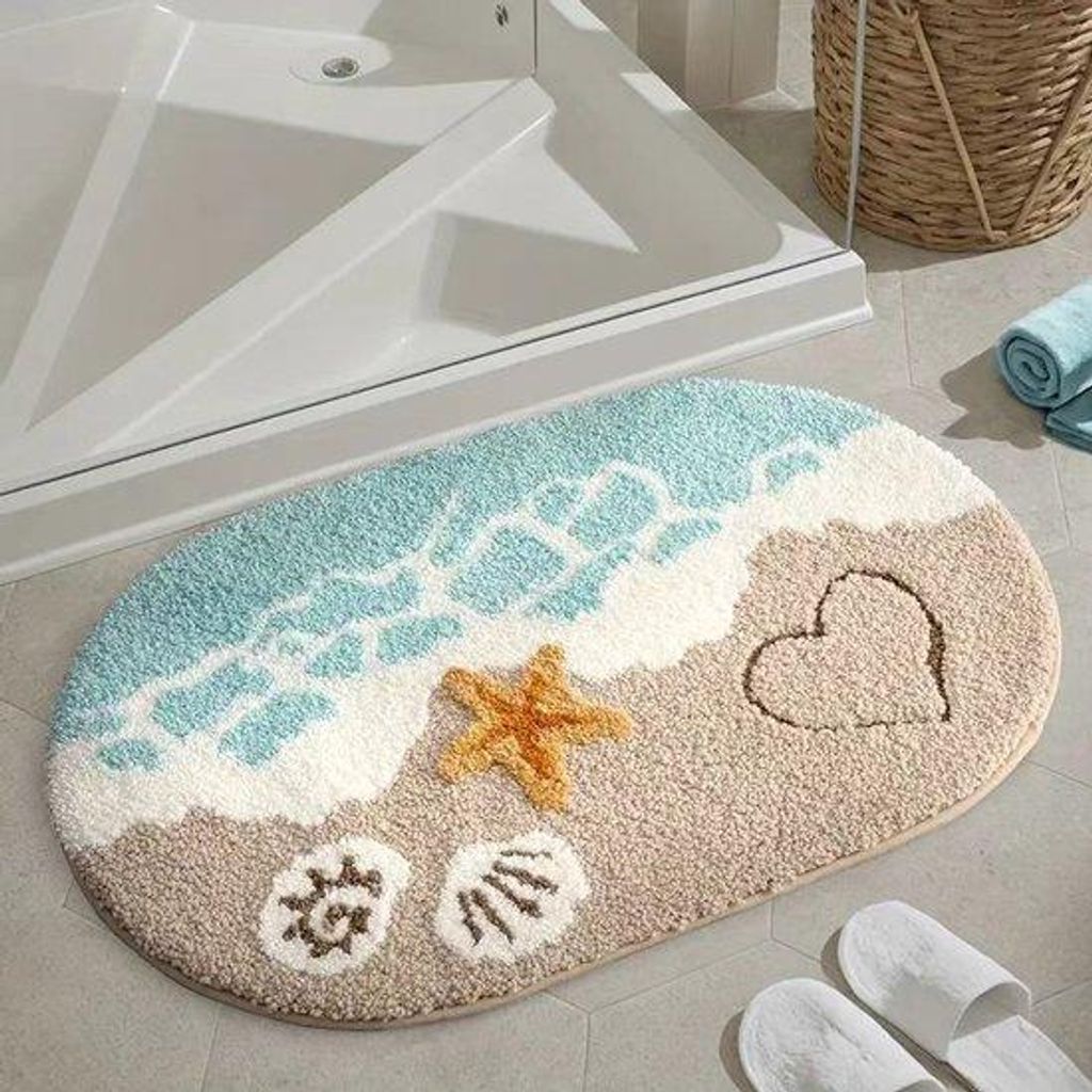 Antislip Badmat, ovaalvormig, sehr absorberend, waschbar, mit Strand- und Seesterne-Muster, geeignet für Badezimmer, Schlafzimmer und Kinderzimmer...