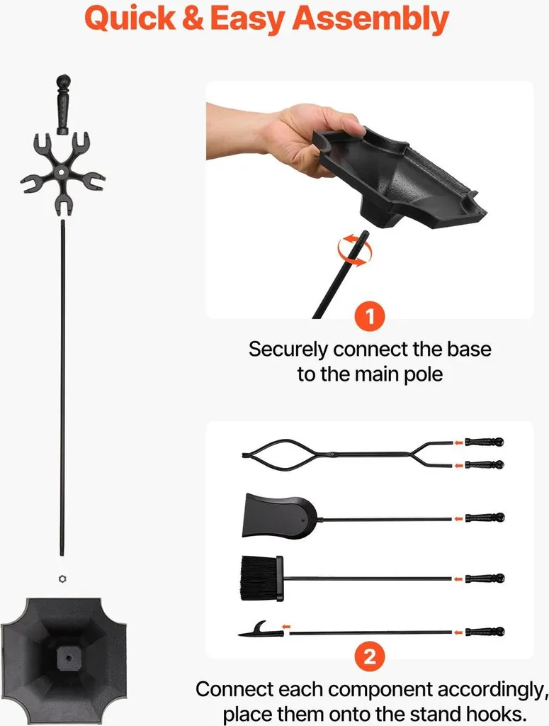 Serviteur de cheminée 5 accessoires en fer forgé noir avec son support