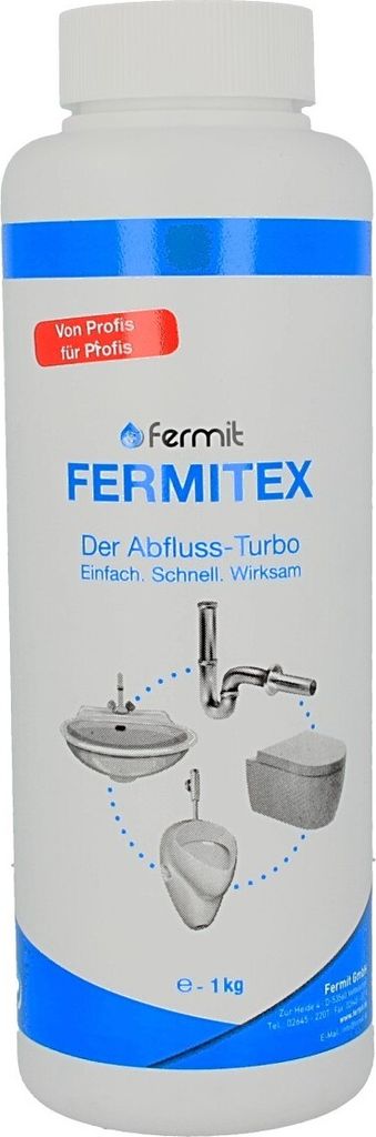 A white plastic bottle of drain cleaner with blue accents and graphics.