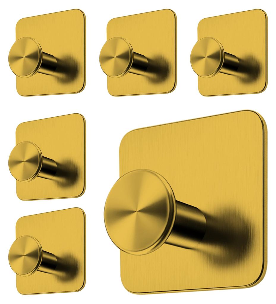 Handtuchhaken ohne Bohren, 6er-Set, goldfarben – selbstklebende Haken, mattgold, für Badezimmer, Küche, Kleiderschrank, Handtuch- und Bademante...