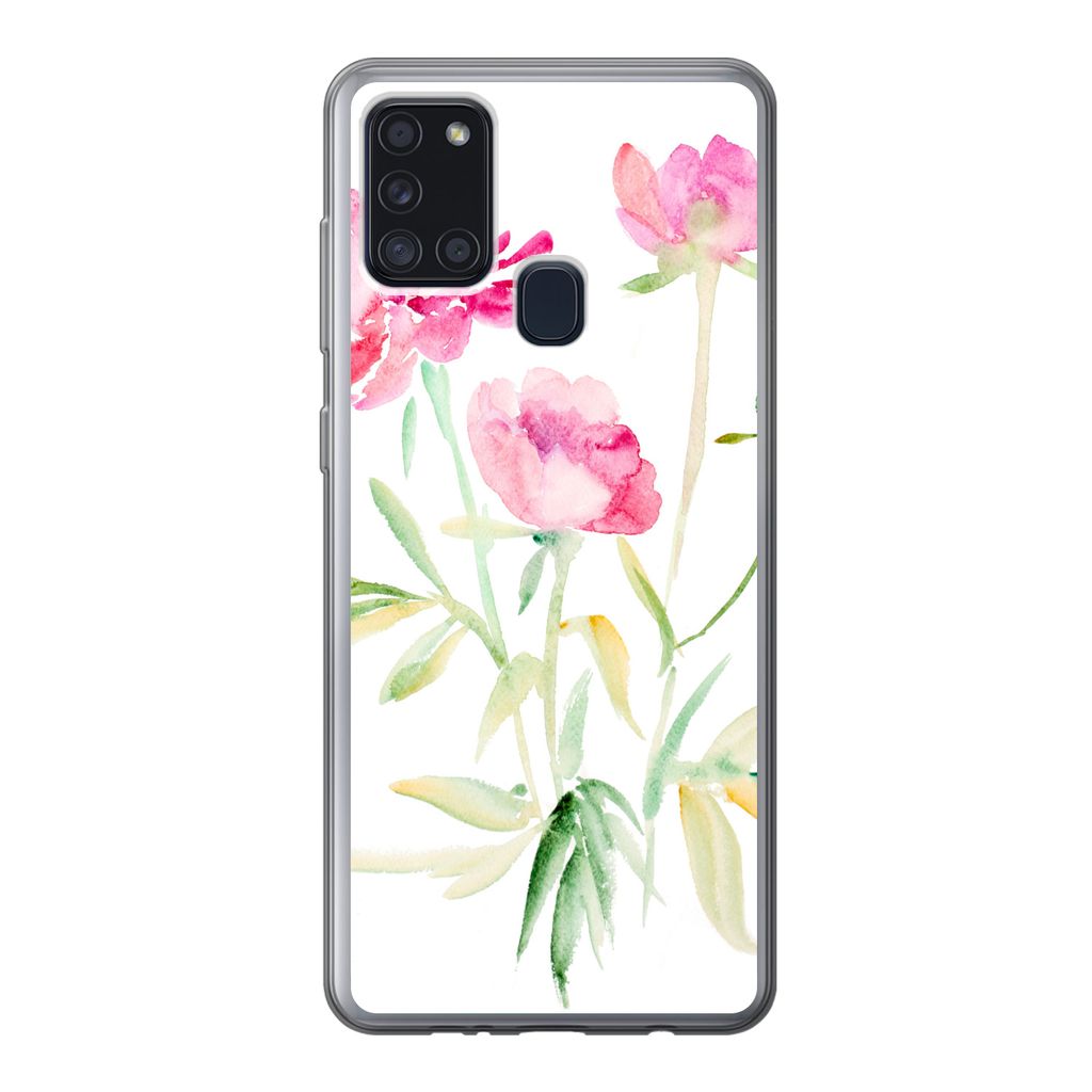 MuchoWow Handyhülle Schutzhülle Hülle für Samsung Galaxy A21s Blumen - Aquarell - Rosa Silikon Softcase Handy Hülle - Hartschale