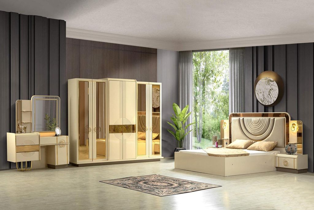 Beiges Schlafzimmer-Set Art-Déco Bett Designer Spiegelschrank 5tlg