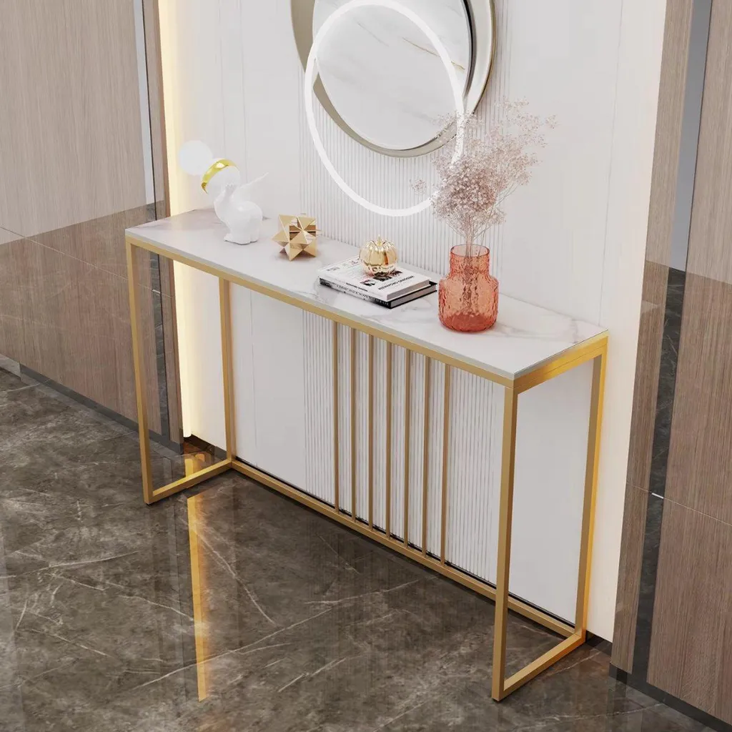 Table Console Murale Design Emerald Look - Meuble d'Appoint Blanc et Or - 4