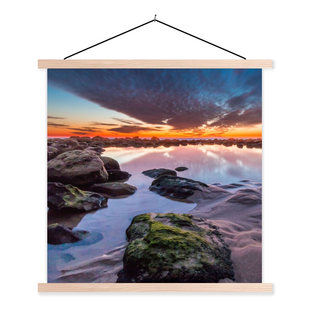MuchoWow Textilposter Felsen - Wasser - Natur 60x60 cm mit holzfarbenen Rahmen - Wanddekoration