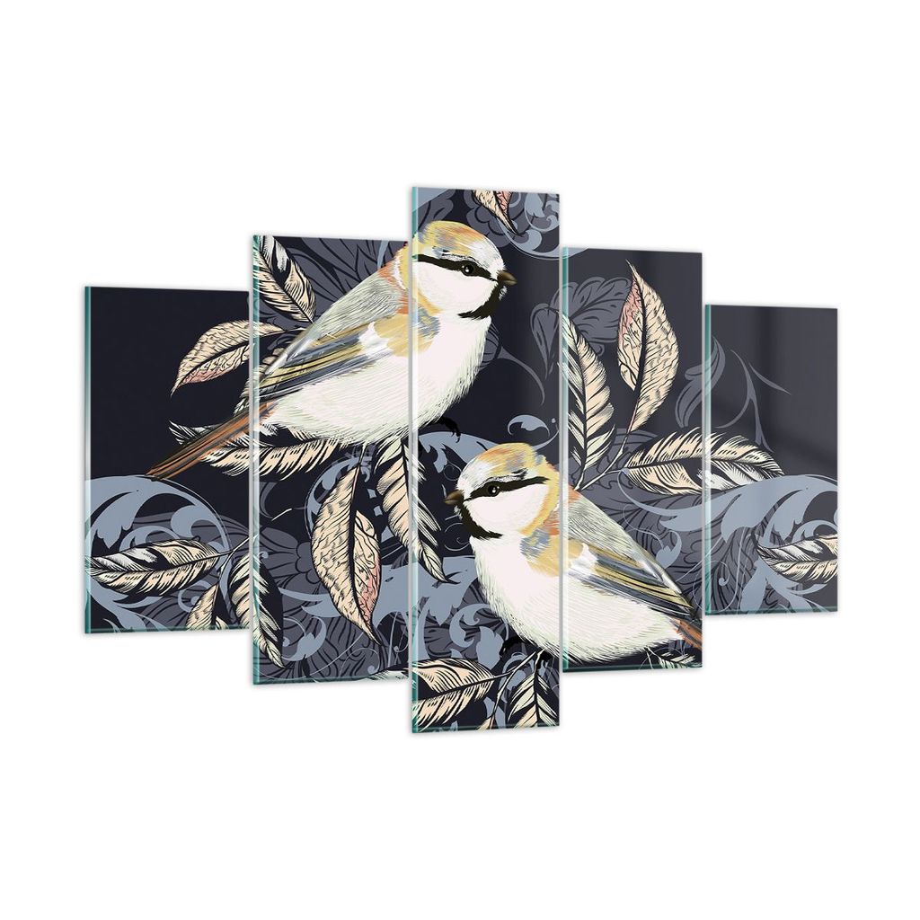 Bilder auf glas - 5 Teile - Vögel Blätter Ornament - 150x100cm - Glasbilder - Wandbilder - Bilder - zum Aufhängen bereit - Wanddekoration aus Gl...