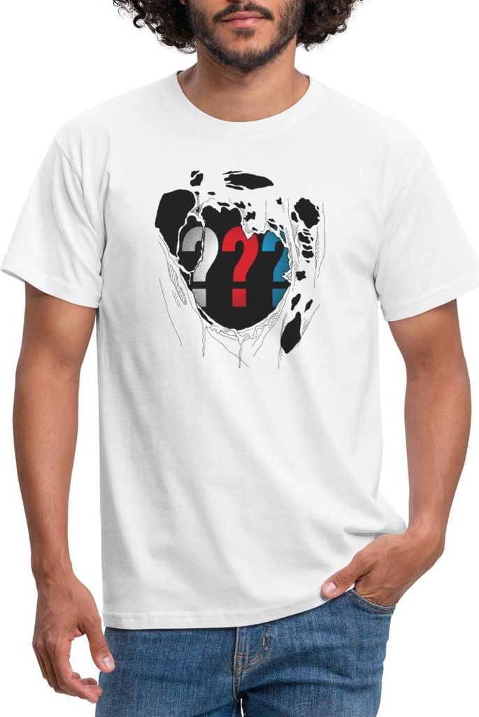 Spreadshirt Die Drei Fragezeichen Brust Destroyed Look Männer T-Shirt, XL, Weiß