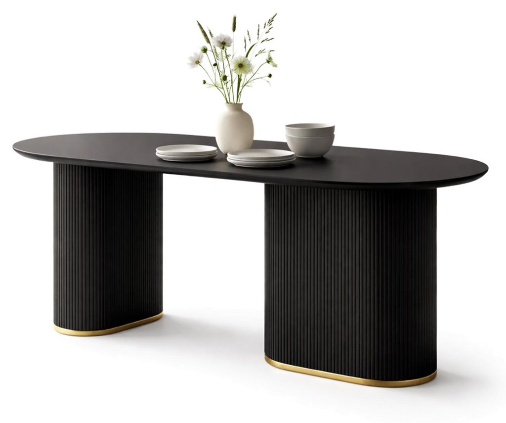 HOOZ Esstisch Set Oval Modern – 180x90 cm – 4 cm Holzplatte – Esszimmertisch, Säulenfuß Design – Tisch für 6–8 Personen – Schwarz