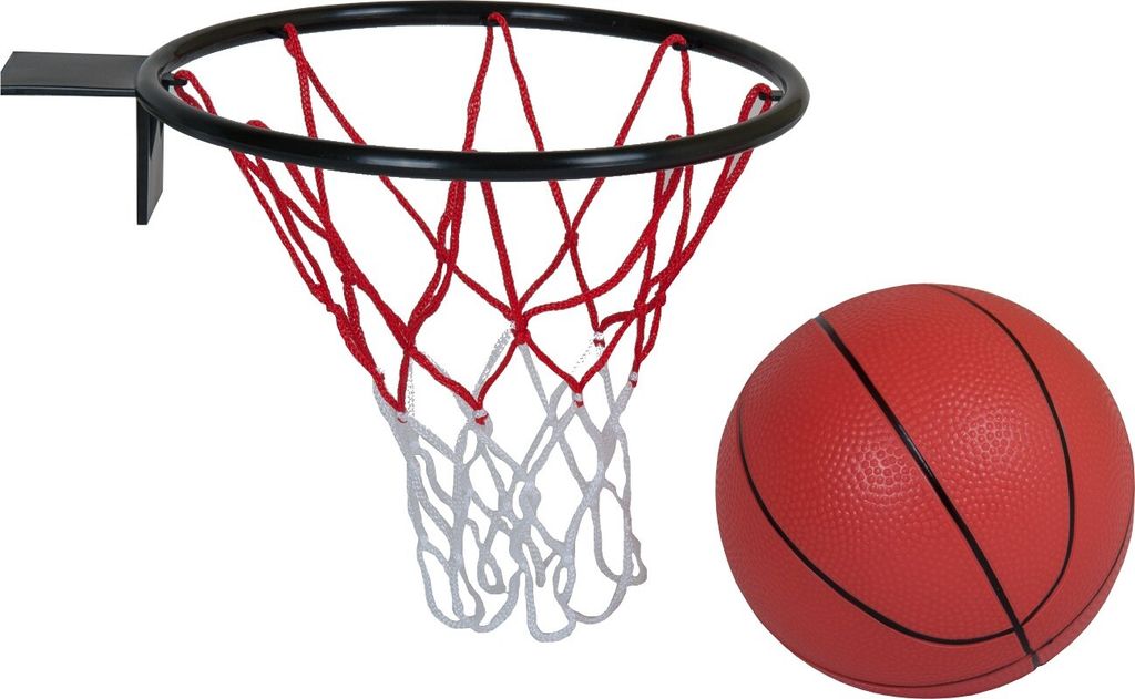 A basketball hoop and a basketball are shown against a white background.