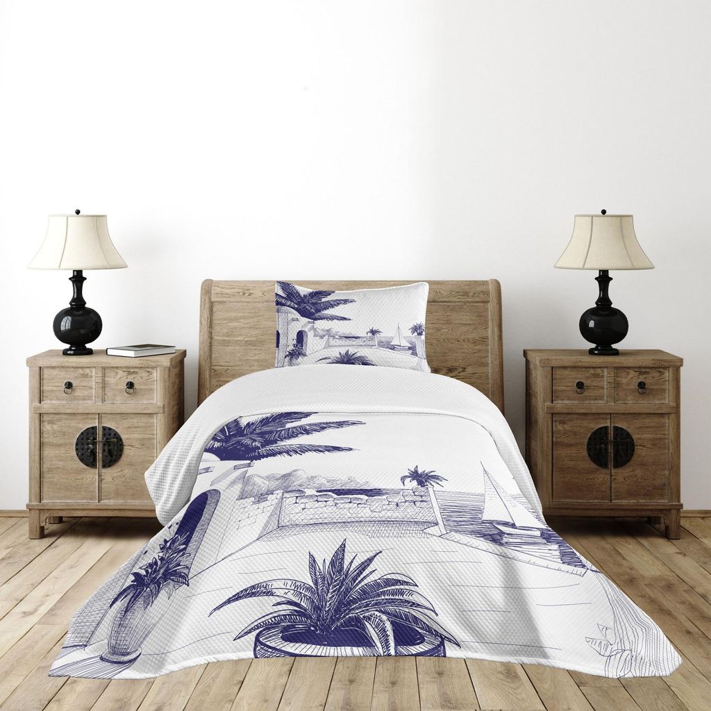 ABAKUHAUS Vintage Boat Tagesdecke Set, Strand Haus am Meer Sunny Sommer mediterranen Klima Artwork Print, 170 x 220 cm, Indigo und Weiß