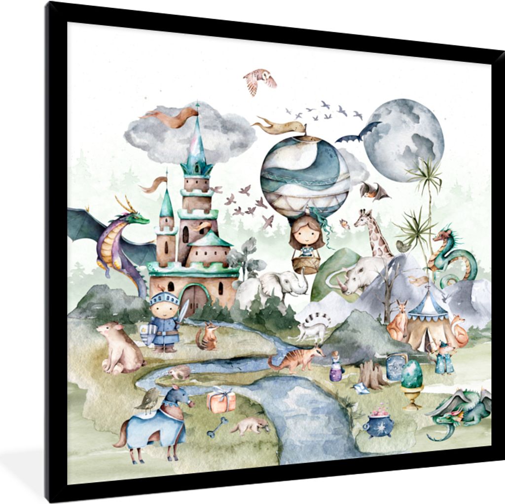 MuchoWow Gerahmtes Poster Kinder - Heißluftballon - Drache - Jungen - Burg - Aquarell 40x40 cm - Poster mit Schwarzem Bilderrahmen Wandposter Ra...