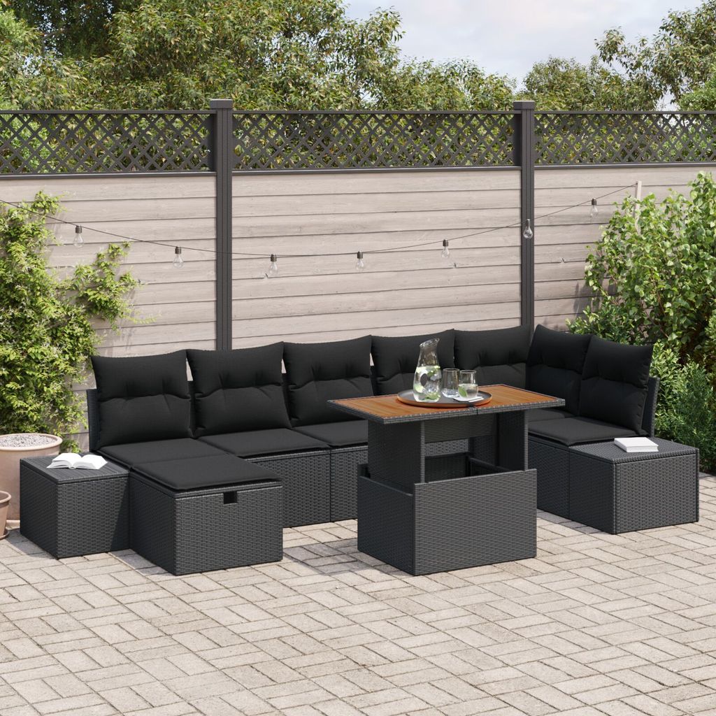 ZMH 8 Teile Garten Sofa Set mit Kissen Schwarz Poly Rattan