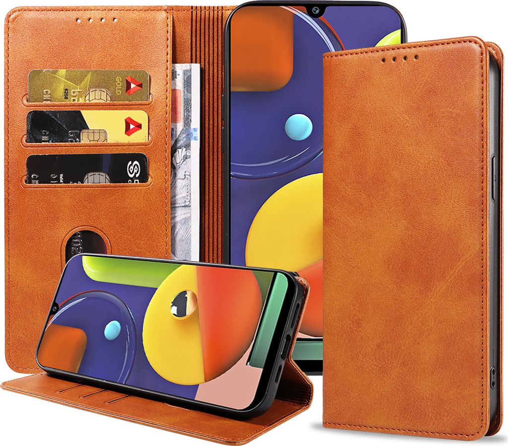 Smartphonica Samsung Galaxy A50s leren hoesje met magnetische sluiting en pashouders – Bruin